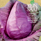 Eine Nahaufnahme eines halbierten violetten Kohls mit dicht gepackten Blättern auf einem beigen Hintergrund mit deutschem Text und Logos für Reinsaat | Rotkraut 'Kalibos' Bio-Kohlsamenverpackungen von Reinsaat.