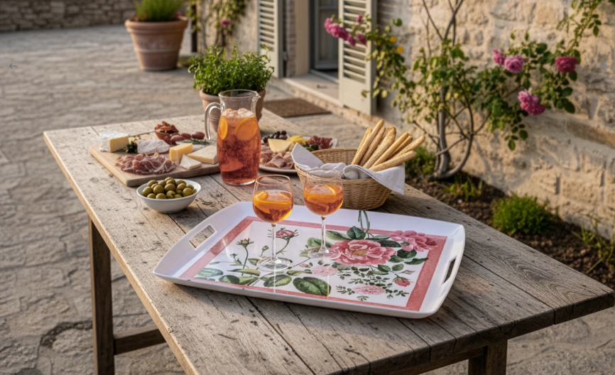 Im Außenbereich ist ein rustikaler Holztisch mit dem Tablett "Cecile" (46 x 36 cm) von Napking gedeckt, das mit einem floralen Leinendruck verziert ist und auf dem orangefarbene Cocktails, ein Getränkekrug, Brotstangen, Oliven und Wurstwaren liegen. Steinmauern und Blumen vervollständigen die Szene.