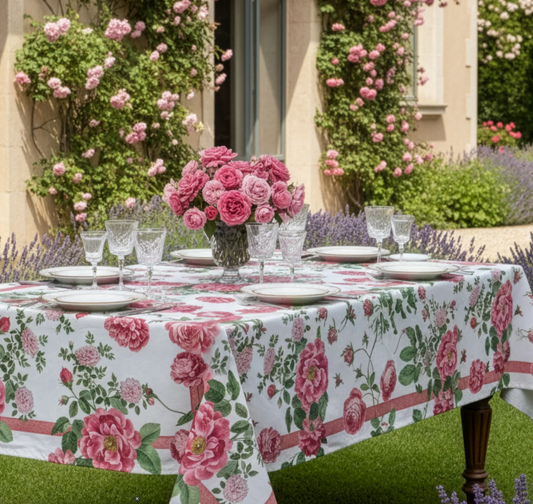 Ein Tisch für sechs Personen im Freien ist mit der Napking | Premium Leinen Tischdecke 'Cecile' 180 x 270 cm mit rosa Rosenmotiv eingedeckt. Rosa Rosen im Mittelteil und blühende Kletterrosen vervollständigen die Szene.