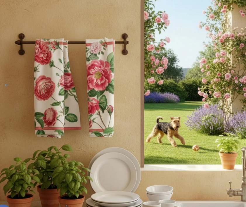 Ein Küchenfenster mit Napkings Premium Leinen Geschirrtuch 'Cecile', getopften Kräutern und gestapeltem Geschirr bietet einen Blick auf einen Garten mit rosa Rosen, Lavendel und einem verspielten Hund im Gras.