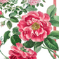Leuchtend rosa Rosen mit grünen Blättern und Stielen auf weißem Grund, inspiriert von Napking | Premium Leinen Geschirrtuch 'Cecile' 55 × 75 cm. Einige Rosenknospen sind sichtbar, mit einem vertikalen roten Streifen am rechten Rand des Bildes. Marke: Napking.