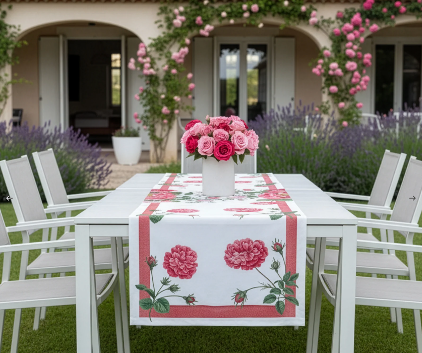 Ein weißer Esstisch mit sechs Stühlen für den Außenbereich wird mit dem Napking | Premium Leinen Tischläufer 'Cecile' 50 x 150 cm und einer Vase mit rosa Rosen geschmückt. Er steht auf einer Wiese neben einem Haus mit gewölbten Türen und blühenden rosa Kletterrosen und strahlt eine einladende Eleganz aus.