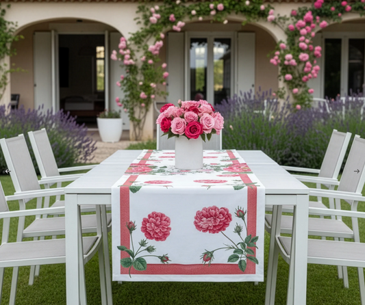 Ein weißer Esstisch mit sechs Stühlen für den Außenbereich wird mit dem Napking | Premium Leinen Tischläufer 'Cecile' 50 x 150 cm und einer Vase mit rosa Rosen geschmückt. Er steht auf einer Wiese neben einem Haus mit gewölbten Türen und blühenden rosa Kletterrosen und strahlt eine einladende Eleganz aus.