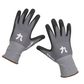 Ein Paar Niwaki | Hochwertige Gartenhandschuhe M - XL in grau und schwarz mit weißem Text und Symbolen auf der Rückseite, mit der Handfläche nach unten auf weißem Hintergrund.