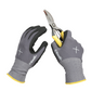 Ein Paar Hände mit Niwaki | Hochwertige Gartenhandschuhe M - XL hält eine Baumschere mit gelbem Griff vor einem weißen Hintergrund. Die grau-schwarzen Handschuhe mit weißen X-Markierungen sind perfekt für präzise Gartenarbeiten. Marke: Niwaki.