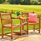 Das „Broadfield Companion Set“ von Alexander Rose aus Teakholz umfasst zwei Gartenstühle aus Premium-Teakholz und einen dazugehörigen Tisch, ausgestattet mit einem rosa Kissen, Platz für Bücher unten und Ablageflächen für Getränke und eine Topfpflanze oben – alles von Alexander Rose.