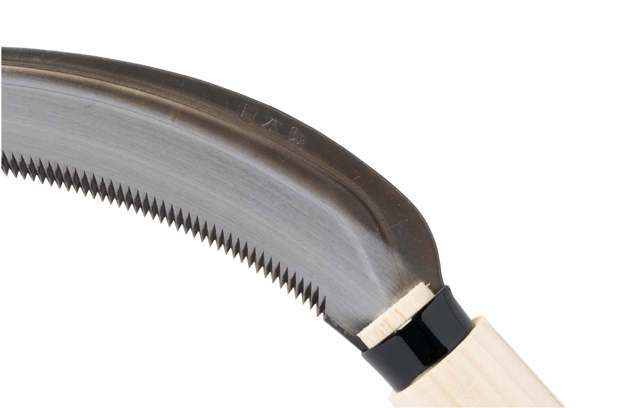 Nahaufnahme einer gebogenen, gezackten Klinge, die an einem hellen Holzgriff befestigt ist, isoliert vor weißem Hintergrund. Die Niwaki | „Herbaceous Sickle“ Nokogama Reissichel aus Kohlenstoffstahl (32 cm) ist ein unverzichtbares Gartengerät von Niwaki, das sich ideal für präzise Arbeiten an krautigen Pflanzen eignet.