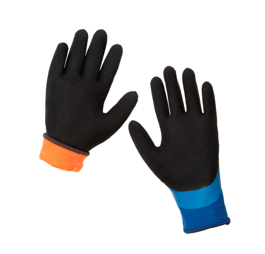 Zwei schwarze Niwaki-Winterhandschuhe – jeweils mit einem andersfarbigen Bündchen, einmal orange und einmal blau – sind nebeneinander auf weißem Hintergrund abgebildet. Diese warmen, wasserabweisenden und bequemen Handschuhe von Niwaki eignen sich perfekt als Gartenhandschuhe und bieten auch bei kälterem Wetter Strapazierfähigkeit und Komfort bei Arbeiten im Freien.