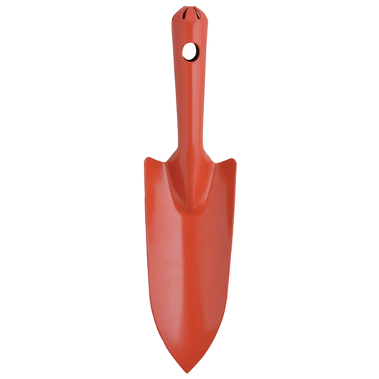 Die „Esschert Kleine Blumenkelle aus Stahl | Rote Pflanzkelle 20,2 cm“ wird auf weißem Hintergrund abgebildet. Diese robuste, rote Gartenkelle aus Metall verfügt über eine spitze Klinge und ein Loch nahe der Oberseite des Stiels – damit ist sie ein unverzichtbares Gartenwerkzeug für jeden Gärtner und eignet sich perfekt für die Pflege von Zimmerpflanzen.