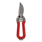 Die Esschert Mini Obst- und Gartenschere | Kompakte Pflanzenschere 14,2 cm verfügt über eine robuste Metallkonstruktion mit roten Griffen und einer gebogenen Klinge, wodurch sie sich ideal zum Beschneiden von Balkonpflanzen oder als kleine Gartenschere eignet. Sie ist hier vor einem weißen Hintergrund abgebildet.
