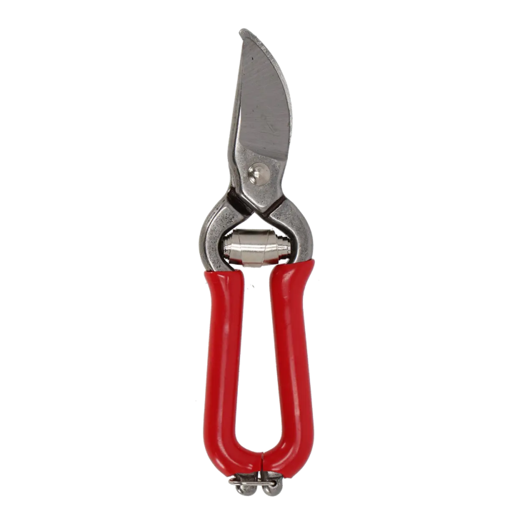 Die Esschert Mini Obst- und Gartenschere | Kompakte Pflanzenschere 14,2 cm verfügt über eine robuste Metallkonstruktion mit roten Griffen und einer gebogenen Klinge, wodurch sie sich ideal zum Beschneiden von Balkonpflanzen oder als kleine Gartenschere eignet. Sie ist hier vor einem weißen Hintergrund abgebildet.