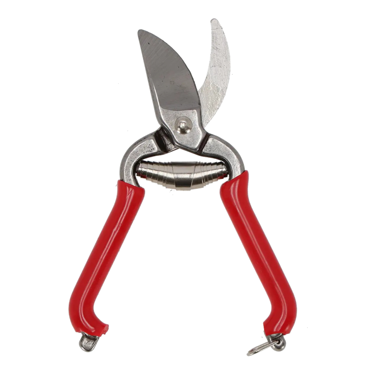 Ein Paar Esschert Mini Obst- und Gartenscheren | Kompakte Pflanzenschere 14,2 cm mit roten Griffen und einer Metallklinge, präsentiert vor weißem Hintergrund – ideal zum Schneiden von Balkonpflanzen und zarten Pflanzen.