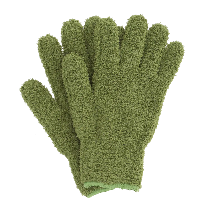 Ein Paar Esschert-Pflanzenhandschuhe aus Mikrofaser zur Blattpflege in Grün mit einer flauschigen, handtuchartigen Struktur, abgebildet auf weißem Hintergrund. Diese Handschuhe bieten sowohl Komfort als auch Funktionalität bei der Pflege der Blätter Ihrer Pflanzen.