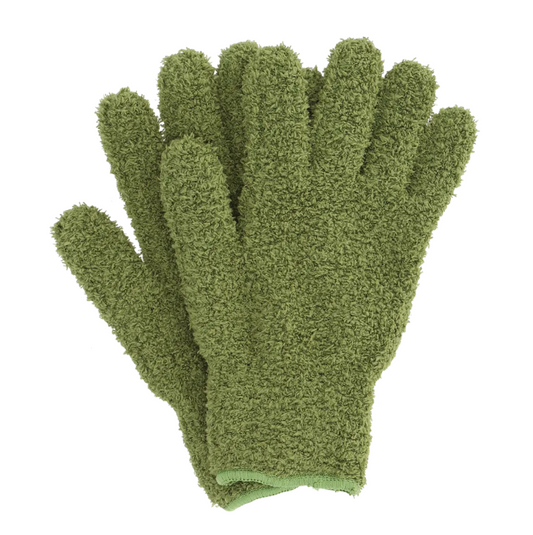 Ein Paar Esschert-Pflanzenhandschuhe aus Mikrofaser zur Blattpflege in Grün mit einer flauschigen, handtuchartigen Struktur, abgebildet auf weißem Hintergrund. Diese Handschuhe bieten sowohl Komfort als auch Funktionalität bei der Pflege der Blätter Ihrer Pflanzen.