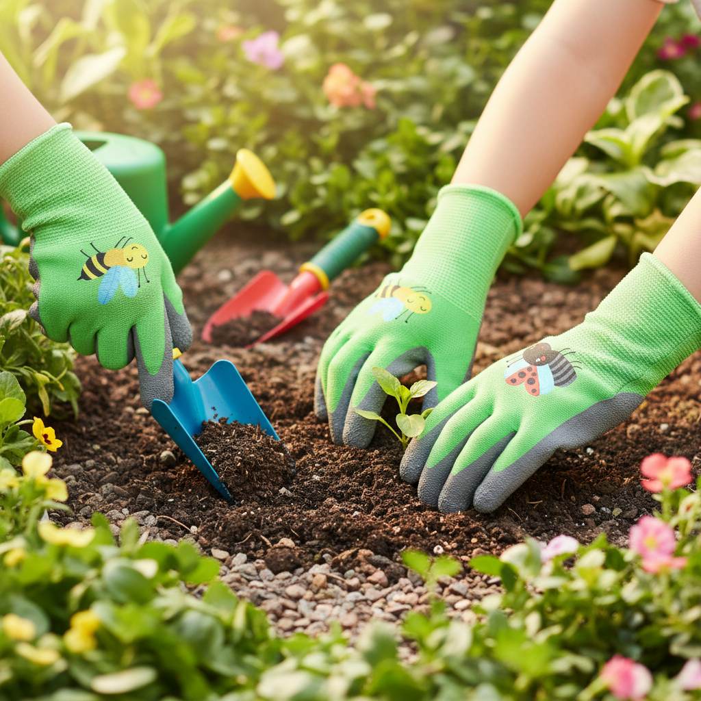 Ein Paar grüne Esschert Kinder-Gartenhandschuhe mit Insektenmotiv in Größe 4, mit grauen Fingerspitzen: Der linke Handschuh ist mit einem niedlichen Comic-Marienkäfer verziert, während auf dem rechten Handschuh eine verspielte Biene abgebildet ist.