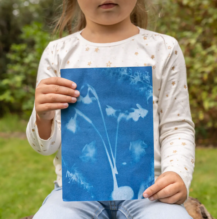 Ein kleines Kind sitzt draußen im Garten, trägt ein cremefarbenes Hemd mit goldenen Sternen und hält einen blau-weißen botanischen Druck in der Hand, der auf Esschert Solar Fotopapier A5 (12 Blatt für kreative Sonnenbilder) erstellt wurde.
