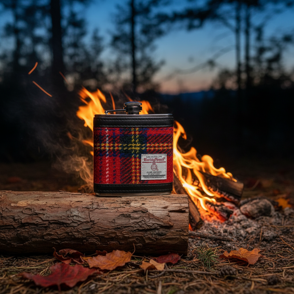 Ein klassischer Flachmann | Mit Harris-Tweed aus Schottland (ca. 177 ml) von Glen Appin steht auf einem Baumstamm vor einem Lagerfeuer, umgeben von Herbstlaub, während im Hintergrund Bäume und ein Sonnenuntergang zu sehen sind.