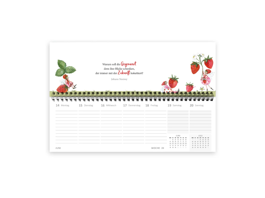 Erleben Sie den bezaubernden Tischkalender | Schmetterlinge 2027 mit Illustrationen von Silke Leffler aus dem Grätz Verlag – dieser wunderschöne Wochen-Tischkalender besticht durch verspielte Erdbeeren, üppiges Grün und zarte Schmetterlingsakzente. Mit einem hervorgehobenen deutschen Zitat bietet er Kalenderdaten für den 14. bis 20. Juni und enthält eine praktische Monatsübersicht in der rechten unteren Ecke – damit ist er der perfekte dekorative Tischkalender „Schmetterlinge 2027“ für Ihren Arbeitsplatz.