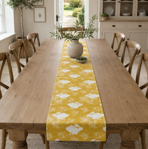 Ein Esstisch aus Holz ist mit dem Tischläufer „Sam Wilson | Headlong Hare“ in der Farbe „Yellow Ochre“ (34 × 196 cm) geschmückt, der gelbe und weiße Muster aufweist. Auf dem Tischläufer stehen eine weiße Vase mit grünen Zweigen und eine kleine Schale, während Holzstühle den Tisch in einem hellen, luftigen Esszimmer umgeben.