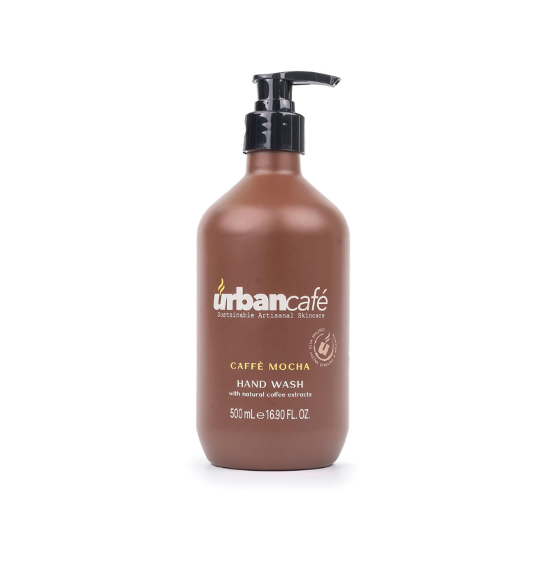 Eine braune Pumpflasche mit der Handseife „Somerset Toiletry“ | Urban Caffé Mocha, 500 ml, mit einem Schriftzug, der auf den natürlichen Kaffeeextrakt hinweist.