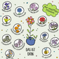 Handgezeichnete Illustration von ungiftigen Blumen und 25 bunten Blumenmurmeln in einer Dose (Stadtgärtner) um eine zentrale Topfpflanze, beschriftet in Deutsch. Enthält Mohn, Kornblume und Vergissmeinnicht. Text: Nur ungiftige Pflanzen & Es wird bunt!.