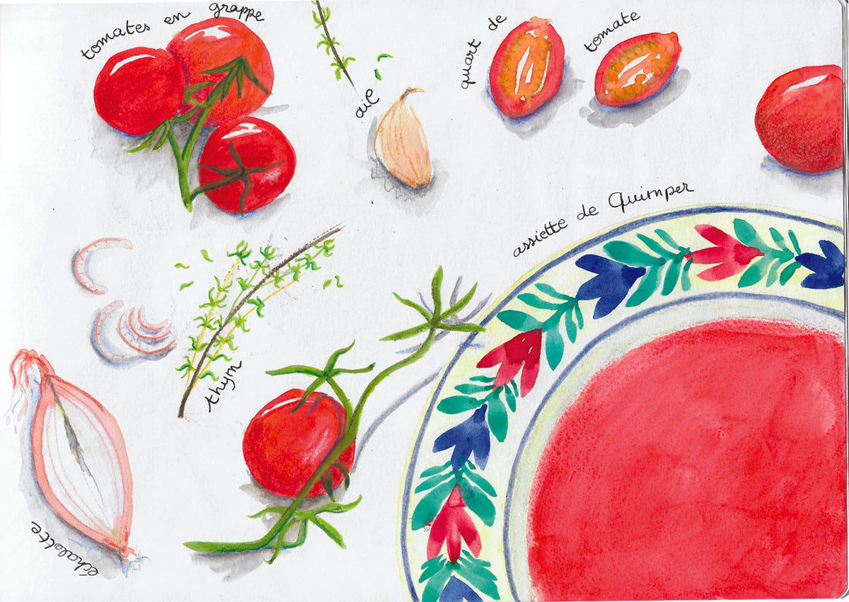 Aquarellillustration für den 15.1.2027 | 10.00 – 13.00 Uhr AQUARELL-WORKSHOP Mein erstes illustriertes Rezeptbuch, auf der Tomaten, Knoblauch, Schalotten und Thymian rund um eine rote Suppe mit französischen Etiketten zu sehen sind.