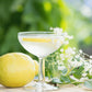 Ein mit einer Zitronenscheibe garniertes Cocktailglas, das neben einer ganzen Zitrone und zarten weißen Holunderblüten auf einer Holzunterlage vor einem sanft unscharfen grünen Hintergrund steht, unterstreicht auf wunderschöne Weise den erfrischenden Charakter von L.W.C. Michelsen | Gourmet Sirup Holunderblüte 250 ml.