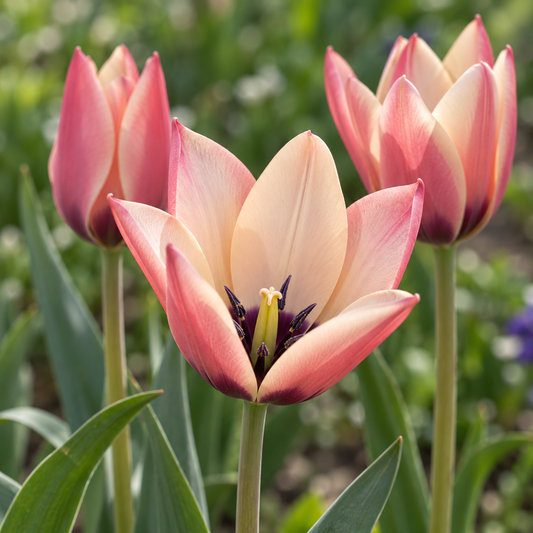 Drei Tulipa clusiana ‚Annika‘-Damentulpen von Weijers, deren spitze Blütenblätter einen zarten himbeerroten Farbton mit sanften, cremefarbenen Zentren aufweisen, blühen anmutig im Garten. Jede Tulpe erreicht eine Höhe von etwa 25 cm inmitten üppiger grüner Blätter und vor einem sanft verschwommenen Hintergrund aus Laub.