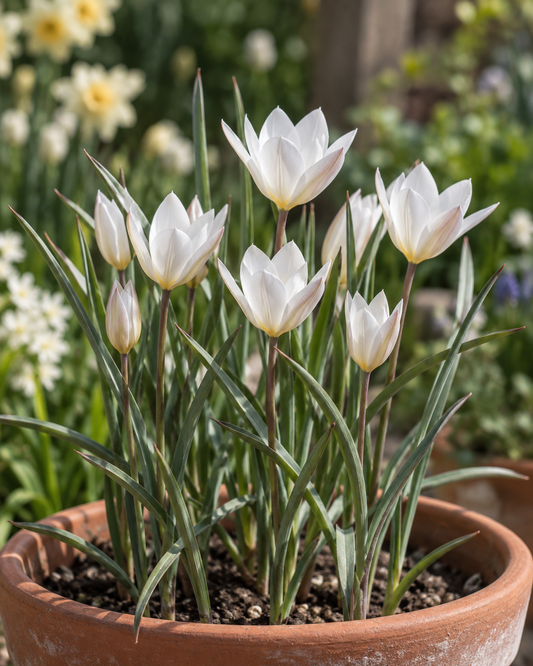 Die schlanken grünen Blätter und die weißen Blüten der Tulipa clusiana „Sylvia“ (Damentulpe) von Weijers blühen elegant in einem Terrakottatopf, wobei ihre weißen Blütenblätter einen wunderschönen Kontrast zum Ton bilden, während weitere Blüten und Grünpflanzen einen sanft verschwommenen Gartenhintergrund bilden.