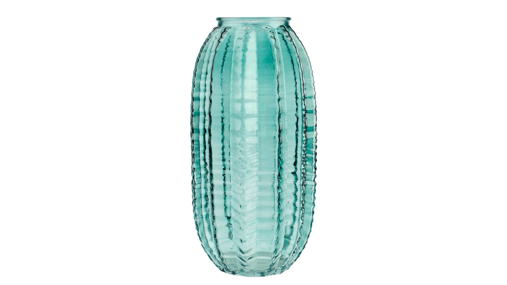 Die „Grüne Vase ‚Abel‘“ (28 x 14 cm) von 2 Have ist eine hohe, zylindrische Vase in einem hellen Blaugrünton mit vertikalen, strukturierten Rillen und einer schmalen Öffnung. Diese moderne Vase verleiht Wohnräumen eine auffällige dekorative Note und kommt vor einem weißen Hintergrund besonders elegant zur Geltung.