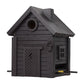 Das Wildlife Garden Nistkasten & Futterhaus in Carbon Black kombiniert eine stilvolle Hausform mit einem runden Eingang, einem schrägen Dach, unechten Fenstern und Türen sowie einer kleinen Sitzstange an der Vorderseite.