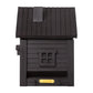 Ein kompakter, schwarzer Holzbriefkasten in Form eines Hauses mit schrägem Dach, inspiriert vom Wildlife Garden Nistkasten & Futterhaus in Carbon Black, mit einem kleinen Fenster und einem Namensschild aus Messing in der unteren Mitte.