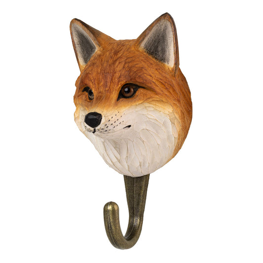 Der Wildlife Garden | Handgeschnitzter Wandhaken aus Holz 'Fuchs' von Wildlife Garden zeigt einen realistischen, handgeschnitzten Fuchskopf über einem Metallhaken - ideal als einzigartige Fuchs-Deko für Ihren Flur oder Ihr Schlafzimmer.