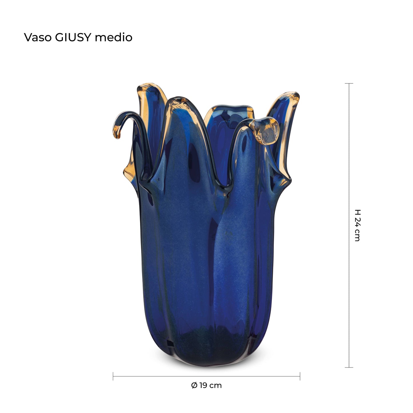 Die mittelgroße Vase „Giusy“ der Serie „Murano Dream“ aus blauem Murano-Glas (H 24 cm, Ø 19 cm) besticht durch elegante, gewellte Ränder und exklusive italienische Glaskunst vor weißem Hintergrund mit Maßlinien.