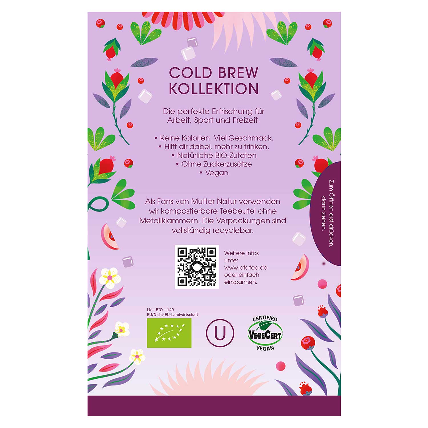 Die English Tea Shop 'Cold Brew' Bio-Tee Kollektion zeichnet sich durch eine violette Verpackung mit Blumen- und Blattmotiven, einen deutschen Abschnitt über dieses zuckerfreie Bio-Getränk, Zertifizierungslogos, einen QR-Code, eine Recycling-Botschaft sowie grüne, rosa und rote Akzente aus.