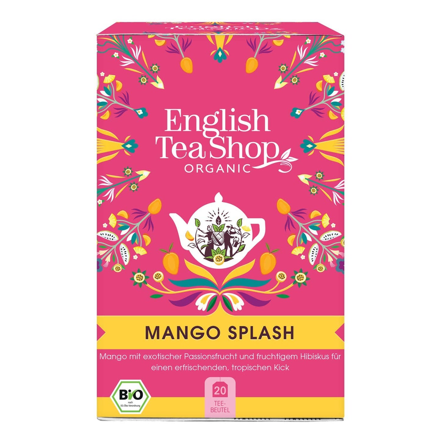 English Tea Shop | 'Mango Splash' BIO 20 Teebeutel kommt in einer farbenfrohen Schachtel mit floralen Motiven auf rosa Hintergrund. Das Etikett mit 20 Bio-Teebeuteln verspricht fruchtige, tropische Aromen - ideal für Früchtetee-Liebhaber.