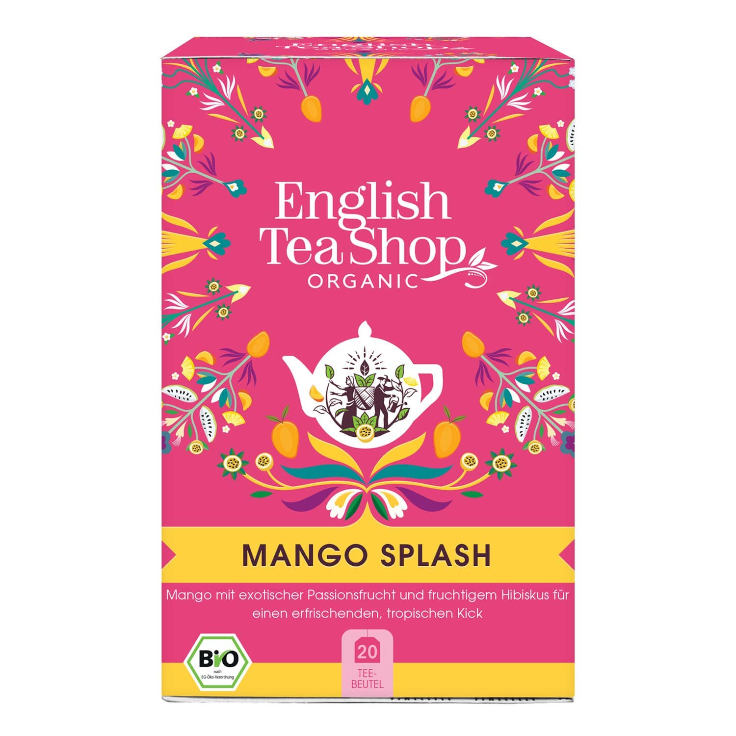 English Tea Shop | 'Mango Splash' BIO 20 Teebeutel kommt in einer farbenfrohen Schachtel mit floralen Motiven auf rosa Hintergrund. Das Etikett mit 20 Bio-Teebeuteln verspricht fruchtige, tropische Aromen - ideal für Früchtetee-Liebhaber.
