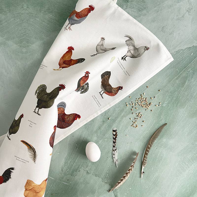 Ein Küchentuch von Koustrupco aus 100 % Bio-Baumwolle mit Hühnermotiven liegt auf einer grünen Fläche neben einem Ei, Hühnerfutter und drei Federn – ein nachhaltiges Küchenaccessoire von Koustrupco, das Stil und Funktionalität vereint.