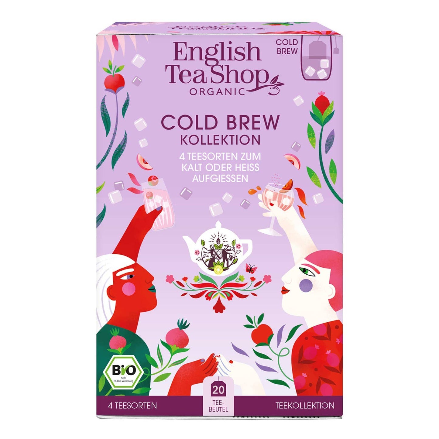 Lila Box der English Tea Shop 'Cold Brew' Bio-Tee Kollektion mit 4 Sorten (20 Teebeutel), dekoriert mit Illustrationen von zwei Menschen, Früchten und Blättern. Deutschsprachiger Text - alle Sorten sind bio und zuckerfrei.
