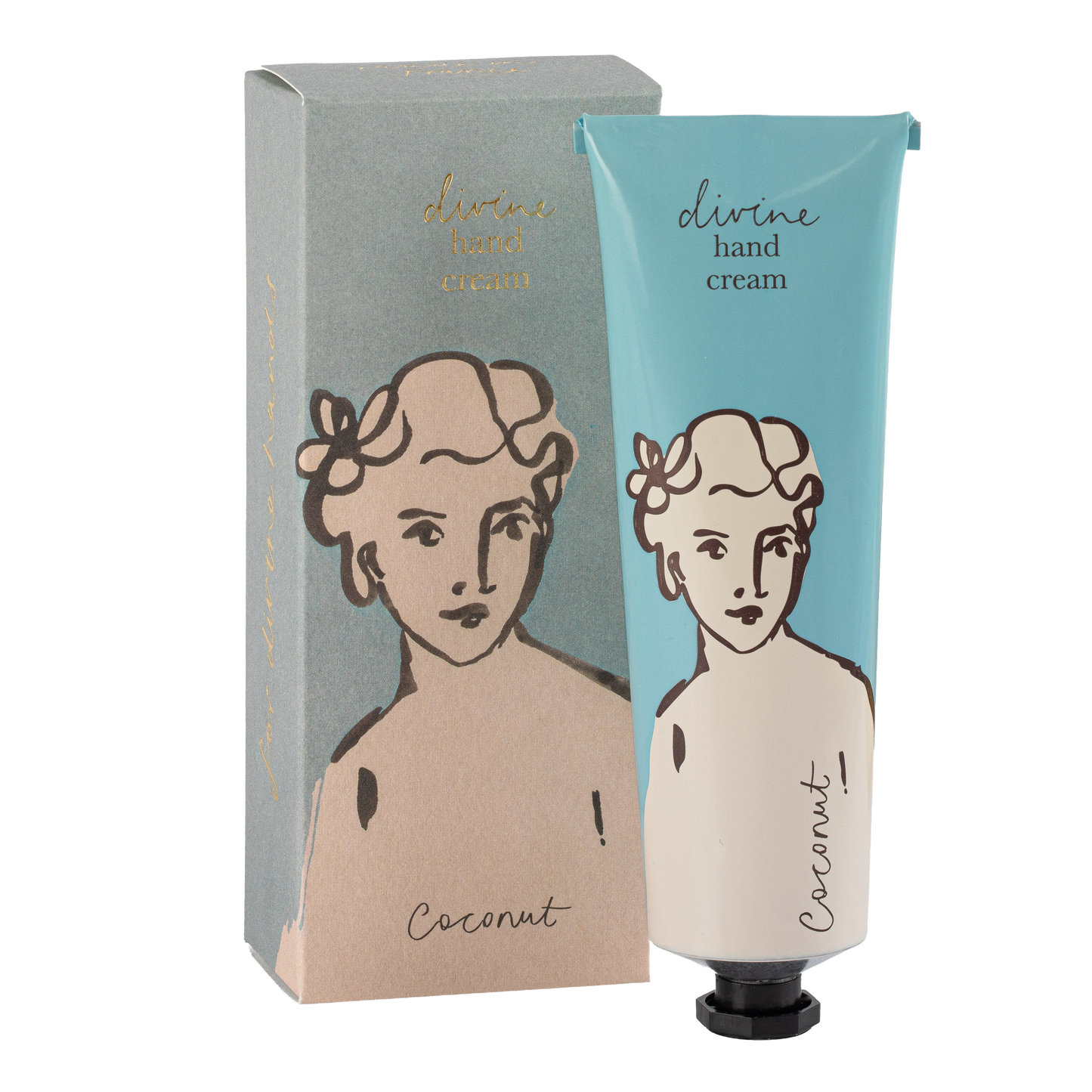 Eine blau-weiße Tube Archivist | 'Kokosnuss' Handcreme von Archivist Gallery mit der Aufschrift "göttliche Handcreme" und einem illustrierten Frauengesicht steht neben der passenden Schachtel mit demselben Design.