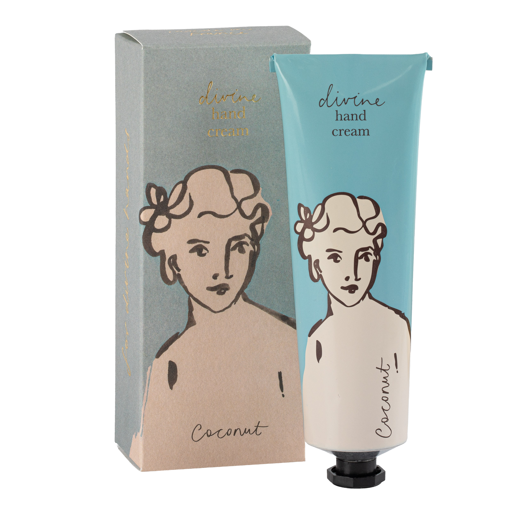 Eine blau-weiße Tube Archivist | 'Kokosnuss' Handcreme von Archivist Gallery mit der Aufschrift "göttliche Handcreme" und einem illustrierten Frauengesicht steht neben der passenden Schachtel mit demselben Design.