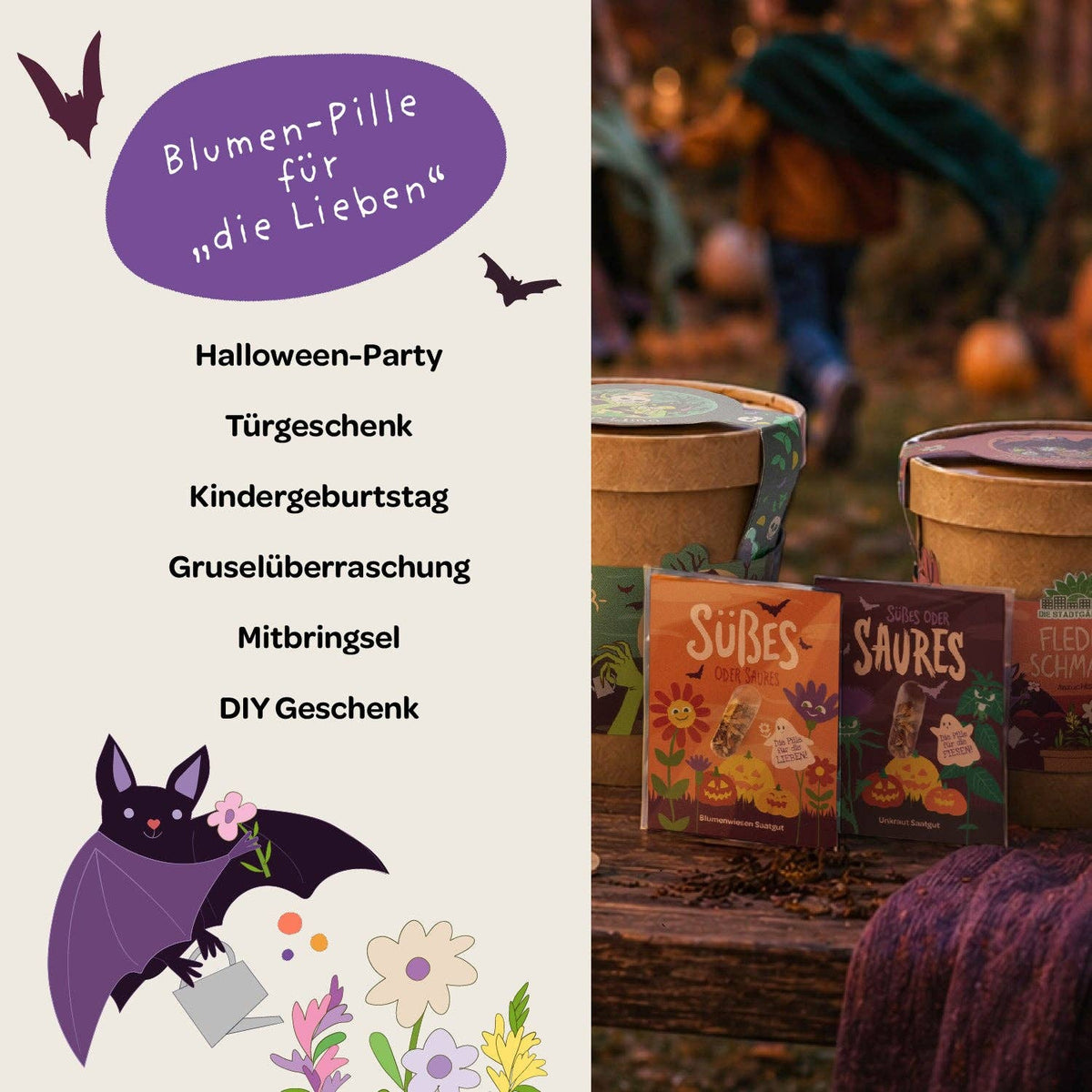 Neben einem Foto von zwei bunten Geschenkboxen mit Blumenmotiv und großen braunen Behältern im Freien ist ein deutscher Flyer zu sehen, auf dem eine Fledermaus, Blumen und eine Liste mit Geschenkideen für die Halloween-Saatpille „Süßes“ von Stadtgärtner Saatgut zu sehen sind.