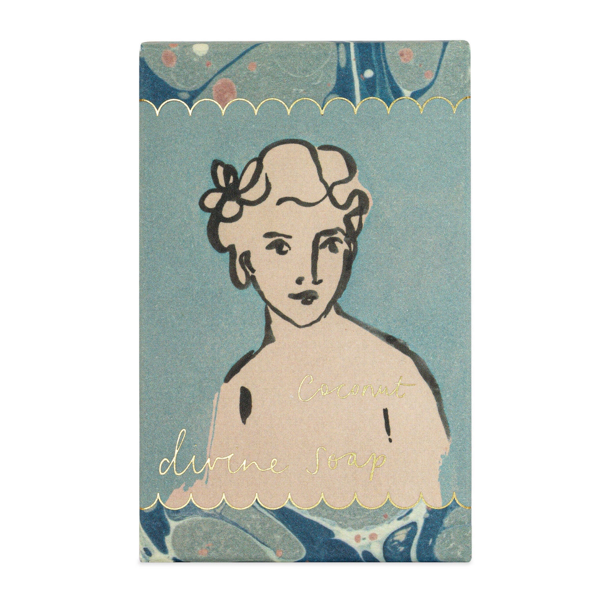 Die Seifendose "Kokosnuss" Handseife 150 g von Archivist Gallery hat ein hellblau und gold marmoriertes Design, ein illustriertes Porträt mit kurzem, lockigem Haar und "Kokosnuss" in kursiver Goldschrift.