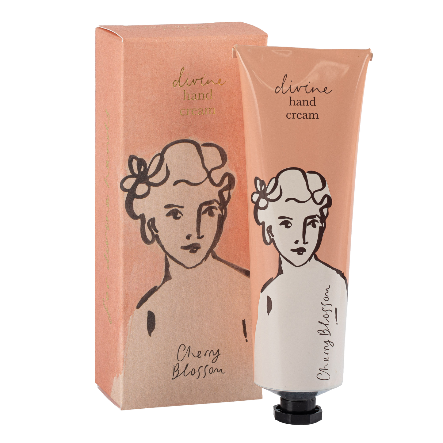 Eine pfirsichfarbene Tube Archivist | 'Kirschblüte' Handcreme von Archivist Gallery steht aufrecht mit der Kappe nach unten, zusammen mit einer passenden Schachtel. Beide zeigen eine einfache schwarze Strichzeichnung eines Frauengesichts und den Text "Cherry Blossom" (Kirschblüte).