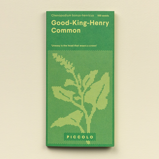 Eine grüne Saatgutpackung mit der Aufschrift "Piccolo Seeds | 'Good King Henry Common' Englisches Quecksilber" mit einer Abbildung der essbaren Pflanze (Chenopodium bonus-henricus, auch wilder Spinat genannt) und der Marke Piccolo Seeds am unteren Rand.