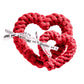 Das LABONI Hundespielzeug Hertha Heart ist ein rotes Baumwollspielzeug in Form eines ineinandergreifenden Herzens mit einem weißen Band mit schwarzem Text und Knochenmotiven - perfekt für die Zahnpflege, während Ihr Haustier spielt.