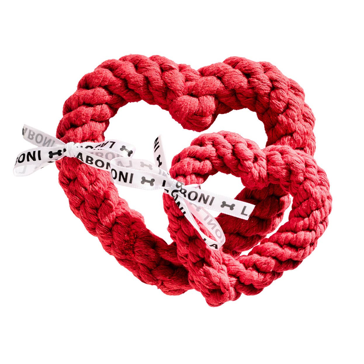 Das LABONI Hundespielzeug Hertha Heart ist ein rotes Baumwollspielzeug in Form eines ineinandergreifenden Herzens mit einem weißen Band mit schwarzem Text und Knochenmotiven - perfekt für die Zahnpflege, während Ihr Haustier spielt.