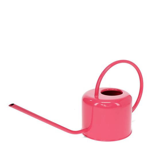 Eine Metall-Gießkanne | 1 l in leuchtendem Pink der Marke Rex Europe mit langem Ausguss und großem, gebogenem Griff, ideal als Gießkanne für Zimmerpflanzen, vor einem schlichten weißen Hintergrund platziert.