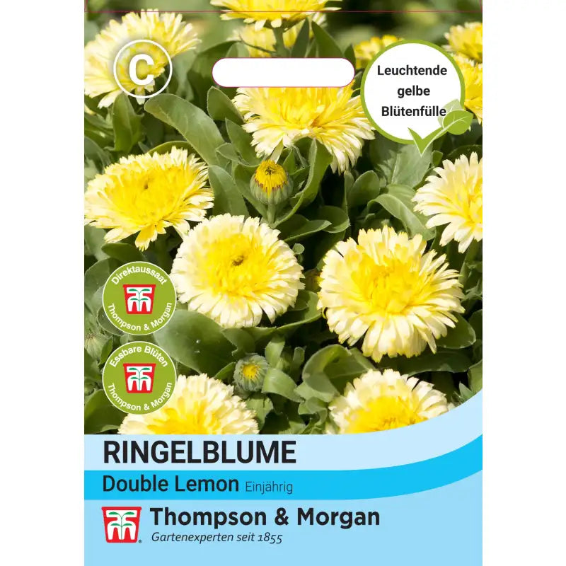 Das Thompson und Morgan Ringelblume 'Double Lemon' Samenpäckchen zeigt gelbe und weiße, essbare Blüten in voller Blüte mit Logo, das die einjährigen Pflanzen und ihre leuchtend gelben Blüten hervorhebt.