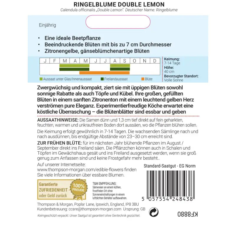 Rückseite einer Saatgutpackung von Thompson und Morgan Ringelblume 'Double Lemon' mit Tabellen für Aussaat/Blütezeit, Pflanzanleitung und deutschen Produktdetails. Enthält Informationen über essbare Blüten, Barcode und Garantie am Ende der Packung.